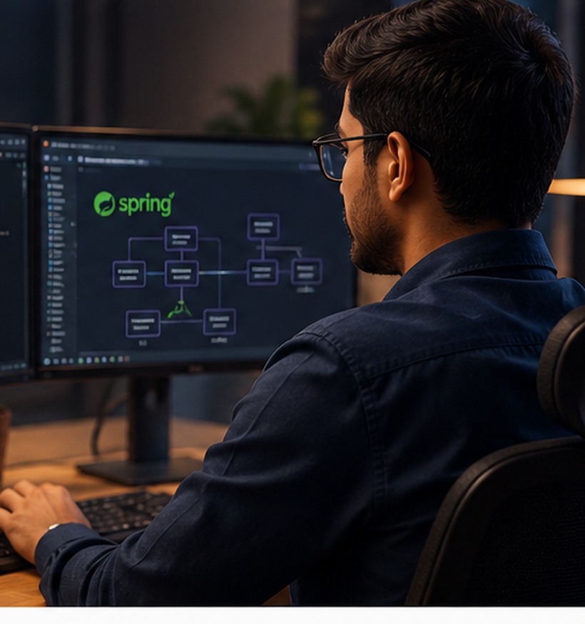 Professional Java developer workspace with coding monitors